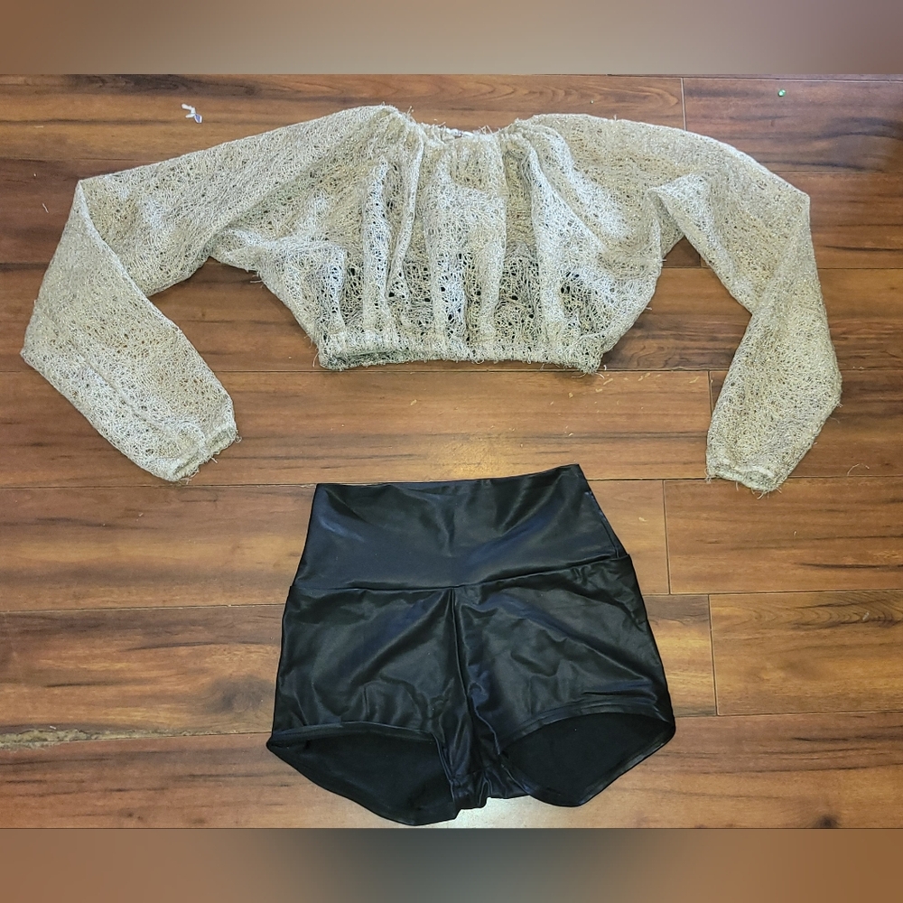 Women's Tan Long Sleeve Crop Top With Black Faux Leather Bralette & Shorts Dance